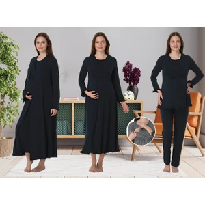 Dvina Effortt Lohusa 4'lü Set - Sabahlık/pijama Takımı/gecelik Lacivert - 4046