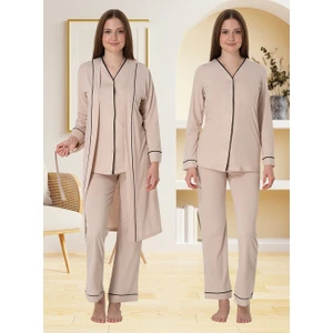 Lohusa Sabahlıklı Pijama Takımı Sütlü Kahve - 5074