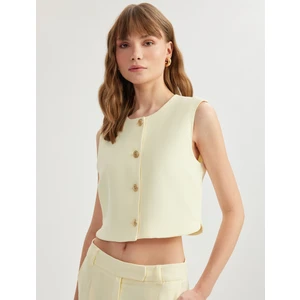 Krep Kumaş U Yaka Kolsuz Düğmeli Crop Yelek