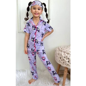 Pjkö Kuromi ve Arkadaşları Desenli Lila Kısa Kollu Önden Düğmeli Kız Çocuk Pijama Takımı 4-12 Yaş 539K-L