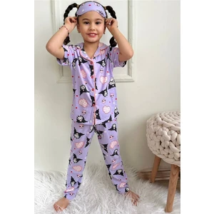 Pjkö Kuromi Desenli Lila Kısa Kollu Önden Düğmeli Kız Çocuk Pijama Takımı 4-12 Yaş 501K-L