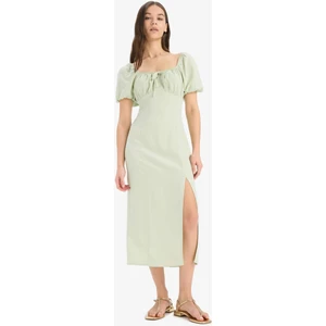 A Kesim V Yaka Keten Karışımlı Yırtmaçlı Kısa Kollu Midi Yazlık Elbise F0534AX25SM