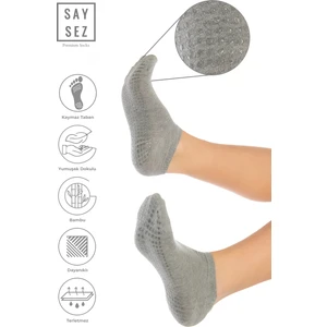 Bambu Kadın Kaydırmaz Taban Beyaz Silikon Baskı Pilates Yoga Fitness Dans Aktivite Patik Çorabı