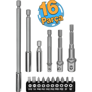 Mıknatıslı Bits Uç Adaptör Seti 16 Parça 1/4 1/2 3/8 1/4 Yıldız Düz Uçlar S1 S2 Ph Uç Matkap Uyumlu