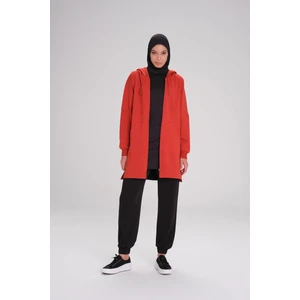 Yumuşak Dokulu Reglan Kapüşonlu Fermuarlı Kırmızı Basic Günlük Sweatshirt Act-12