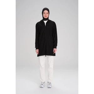 Yumuşak Dokulu Reglan Kapüşonlu Fermuarlı Siyah Basic Günlük Sweatshirt Act-12