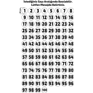 Dijital Barkod Sayı Etiketi Sayı Sticker Numara Etiketi 1'den 100'E Kadar Siyah 30MM Çap Kuşe Kağıt