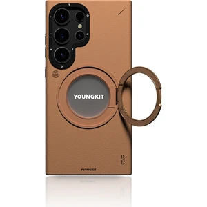 Galaxy S24 Ultra Kılıf Magsafe Uyumlu 360 Standlı Mat Deri Youngkit Tech Leather Kapak Kahverengi