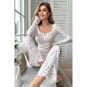 Bella Notte Çiçek Baskılı Uzun Kollu Pamuk - Viskon Pijama Takımı