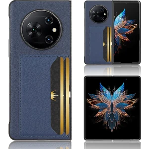 Tecno Phantom V Fold Mavi Için Litchi Doku Kart Yuvası Telefon Kılıfı (Yurt Dışından)