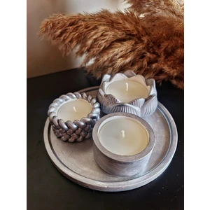 Mum Noktası Parlak Gümüş Renk 4'lü Set (16 cm Sunum Tepsisi ve 3 Mum)