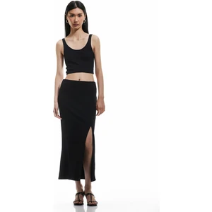 Viskon Ribanalı Slim Fit Yırtmaç Detaylı Kalem Etek