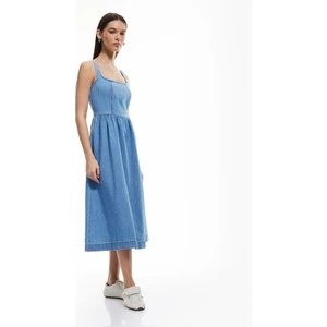Pamuklu Kalın Askılı Fermuarlı Kare Yaka Denim Midi Elbise