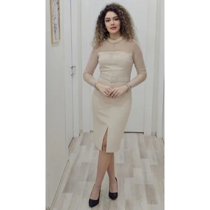 Boncuk Işlemeli Kemerli Abiye Elbise 6013-BEJ
