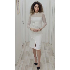 Boncuk Işlemeli Kemerli Abiye Elbise 6013-BEYAZ