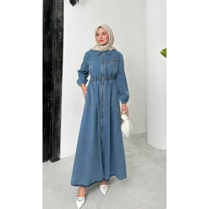 Premium Kalite Cep ve Fermuar Detaylı Kot Elbise Tesettür Jean Elbise