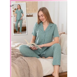 Biricik İç Giyim Su Yeşili, Kısa Kollu, Altı Uzun, Yıldız Desenli, Düğmeli,pijama Takımı