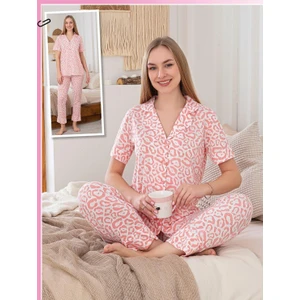 Biricik İç Giyim Beyaz Pembe Desenli Kısa Kollu, Altı Uzun, Düğmeli,pijama Takımı