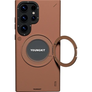 Galaxy S23 Ultra Kılıf Magsafe Uyumlu 360 Standlı Mat Deri Youngkit Tech Leather Kapak Kahverengi