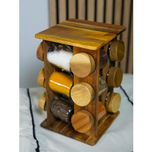 BadeHome Decoration Doğal Akasya 12'li Döner Standlı Baharatlık Seti
