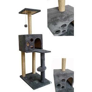 Kedi Tırmalama ve Oyun Evi Full Antrasit Yumuşak Welsoft Kumaş ve Jüt İpi ile Dayanıklı