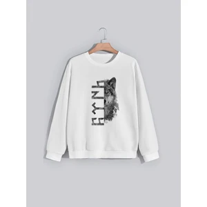 Türk Bozkurt Kurt Baskılı Bisiklet Yaka Kapşonsuz Normal Kalıp  Beyaz Sweatshirt