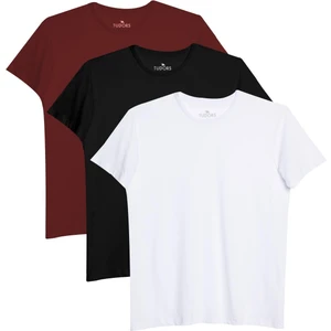 Unisex 3'lü Paket Siyah-Beyaz-Bordo Rengi Slim Fit Dar Kesim Pamuk Bisiklet Yaka Tişört