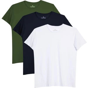 Unisex 3'lü Paket Lacivert-Beyaz-Haki Rengi Slim Fit Dar Kesim %100 Pamuk Bisiklet Yaka Tişört