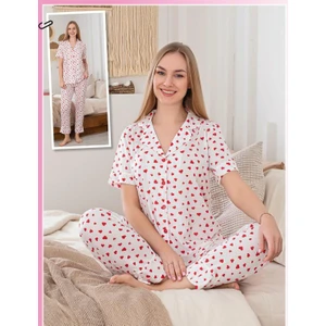 Biricik İç Giyim Beyaz Kırmızı Kalpli Kısa Kollu, Altı Uzun, Düğmeli,pijama Takımı