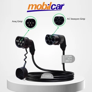 Mobilcar Elektrikli Araç Şarj Kablosu 22KW 32A 5 Metre Tip 2 - Çanta Hediyeli
