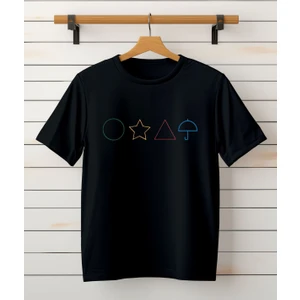 Squid Game Şemsiye Yıldız Daire  Baskılı Bisiklet Yaka Beyaz Tişört/t-Shirt- (Tek Adet Fiyatıdır)