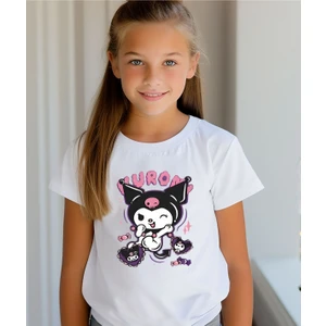 Kuromi Baskılı Bisiklet Yaka Beyaz Tişört/t-Shirt- (Tek Adet Fiyatıdır)-Kız Çocuk Tişörtü