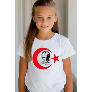 Atatürk ve Ayyıldız Baskılı Beyaz Çocuk Tişört Cumhuriyetimizin 101. Yılı 29 Ekim Beyaz Tişört-Stk6
