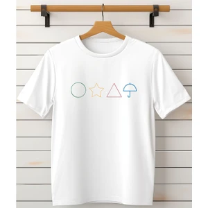 Squid Game Şemsiye Yıldız Daire  Baskılı Bisiklet Yaka Beyaz Tişört/t-Shirt- (Tek Adet Fiyatıdır)