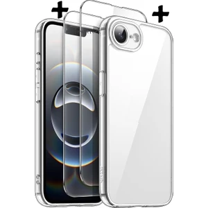 M.TK Moveteck Apple iPhone 16E Kılıf Kamera Korumalı Yumuşak Şeffaf Silikon + 9h Ekran Koruyucu Cam 2in1 Set