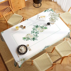 GM Home Beyaz Gül Desenli Dijital Baskı Dertsiz Kumaş Masa Örtüsü