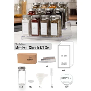 Mienda Home 12'li Şeffaf Merdiven Standlı Cam Baharatlık Seti Etiket Fırça ve Huni Hediyeli