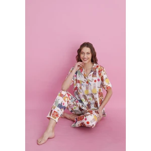Kadın Kısa Kollu Desenli Yakalı Düğmeli Pijama Takımı