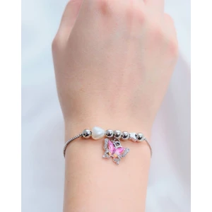 Pembe Kelebek Charmlı Kalp Detaylı Sıkıştırılabilir Çelik Bileklik