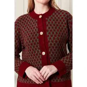 Kadın Bordo Haki Bisiklet Yaka Gold Düğme Detaylı Desenli Triko Hırka