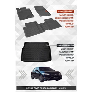 Honda Civic 2021+ Uyumlu 4.5d Premium Havuzlu Oto Paspas ve Liner Marka 3D Bagaj Havuzu - Civic Fe1