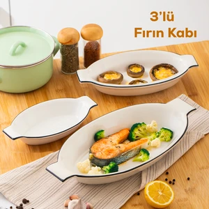 085 Oval 3 Boy Porselen Servis Sunum Fırın Pişirme Kabı Seti Siyah Detaylı