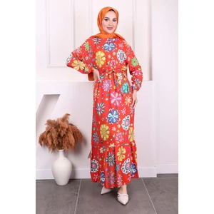 İmaj Butik Oranj Desenli Eteği Katlı Viscon Elbise