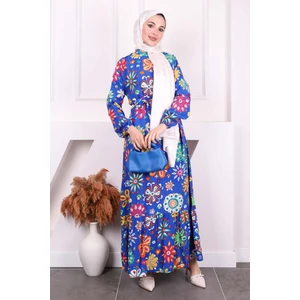 İmaj Butik Saks Mavi Desenli Eteği Katlı Viscon Elbise