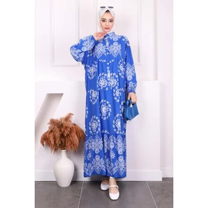 İmaj Butik Saks Mavi Desenli Yarım Düğmeli Viscon Elbise