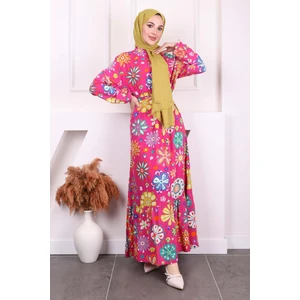 İmaj Butik Fuşya Desenli Eteği Katlı Viscon Elbise