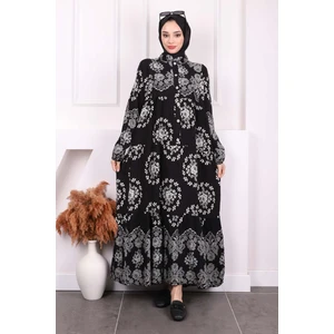 İmaj Butik Siyah Desenli Yarım Düğmeli Viscon Elbise