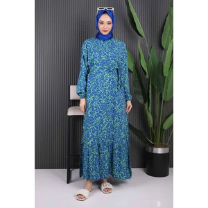 İmaj Butik Yeşil Desenli Eteği Katlı Viscon Elbise