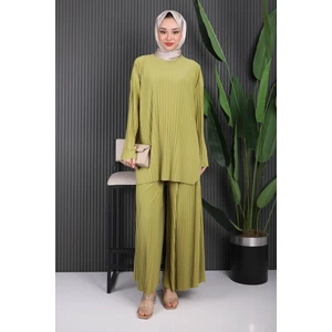 İmaj Butik Yağ Yeşili Piliseli Sandy Tunik Pantolon Takım