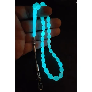 İndirim Center Hediye Kutulu Mavi Fosforlu Arpa Kesim Kedi Gözü Toz Kehribar Tesbih